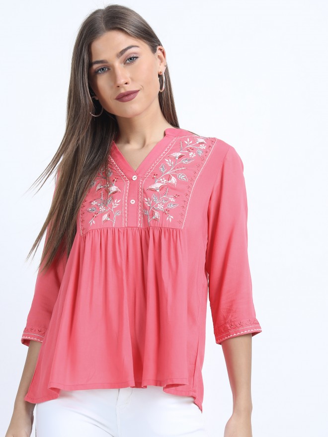 Vishudh Women Pink Printed Empire Tops 