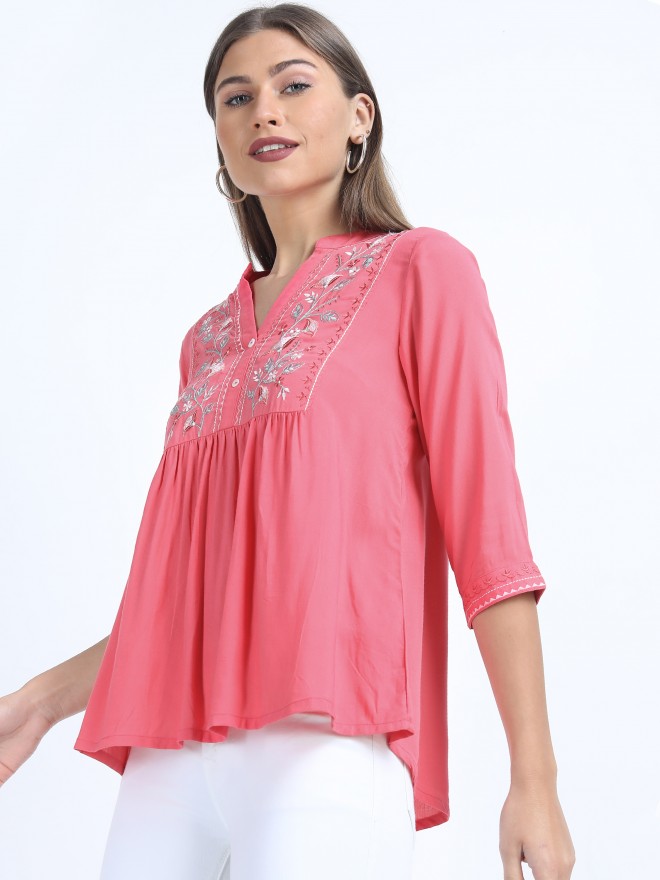 Vishudh Women Pink Printed Empire Tops 