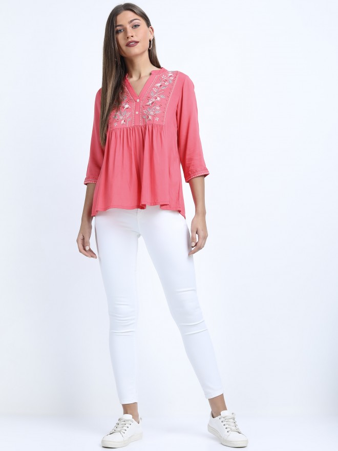 Vishudh Women Pink Printed Empire Tops 