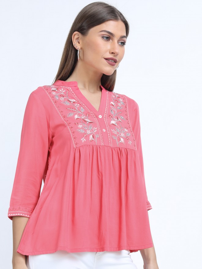 Vishudh Women Pink Printed Empire Tops 