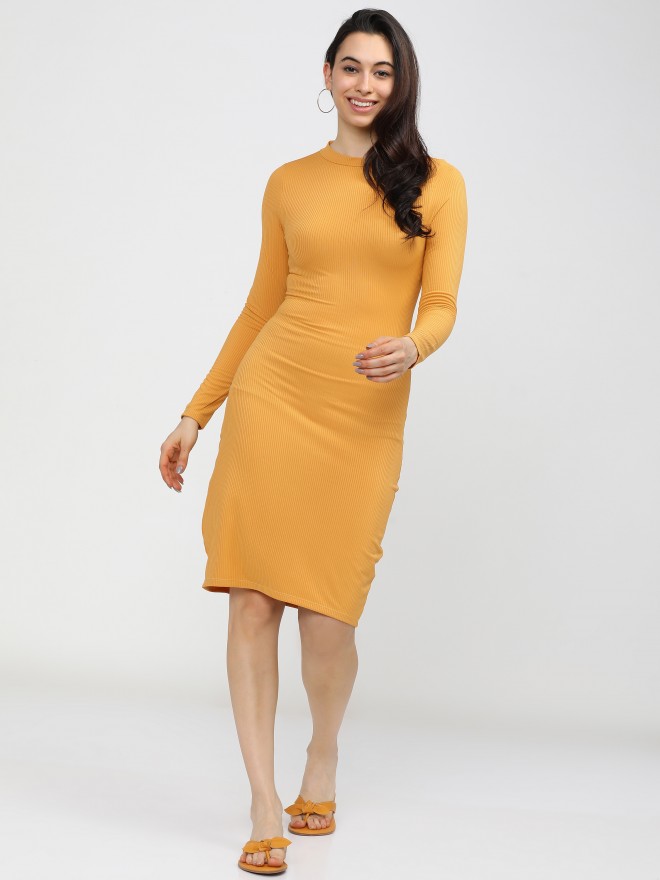Buy Tokyo Talkies Yellow Solid Straight Bodycon Dress for Women Online ...