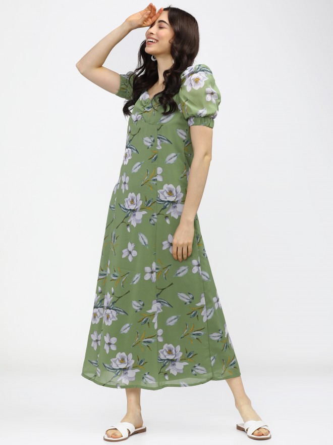 Tokyo Talkies Women Green Printed A-Line Dresses 