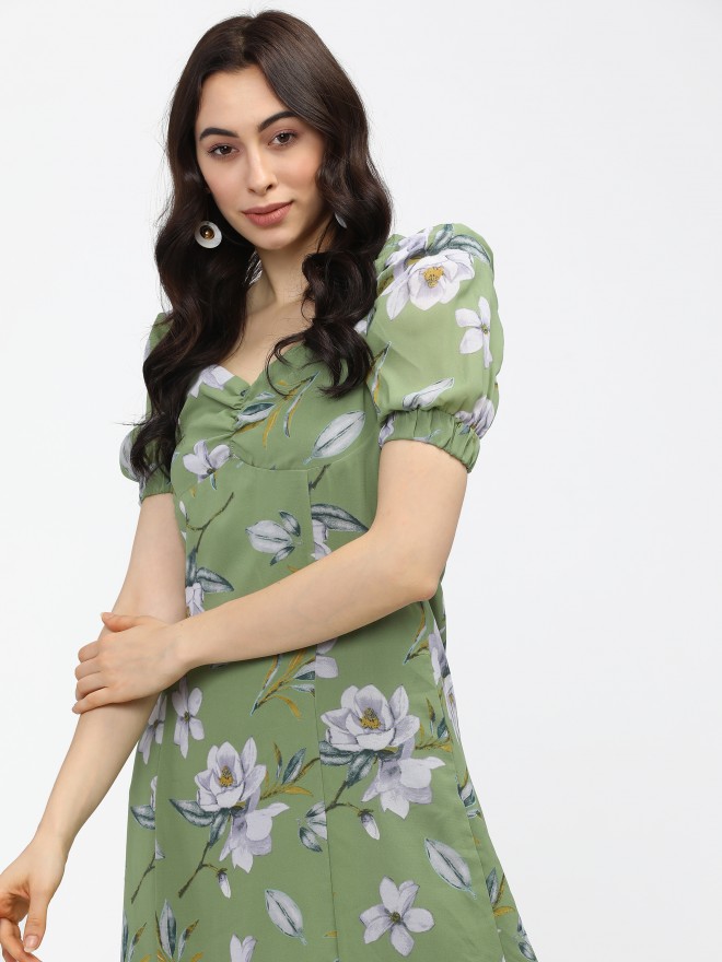 Tokyo Talkies Women Green Printed A-Line Dresses 