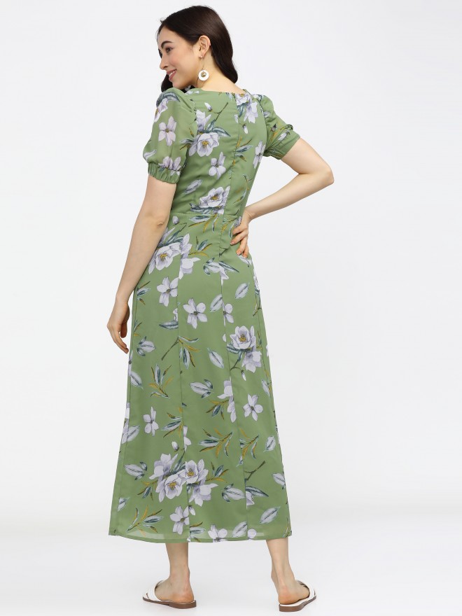 Tokyo Talkies Women Green Printed A-Line Dresses 