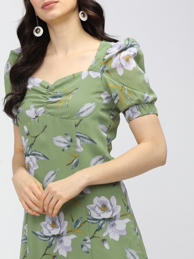 Tokyo Talkies Women Green Printed A-Line Dresses 