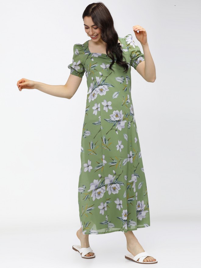 Tokyo Talkies Women Green Printed A-Line Dresses 