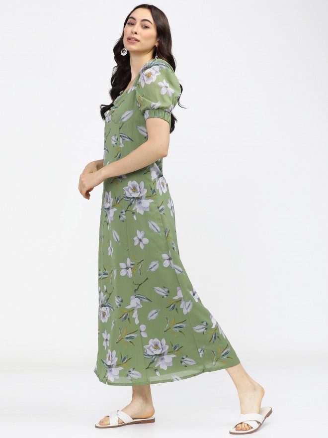 Tokyo Talkies Women Green Printed A-Line Dresses 