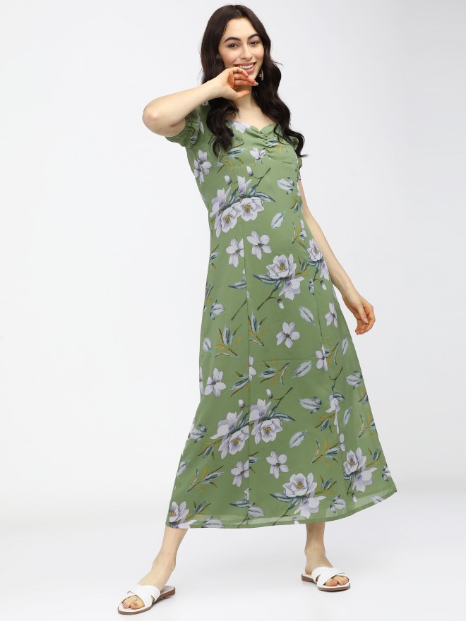 Tokyo Talkies Women Green Printed A-Line Dresses 