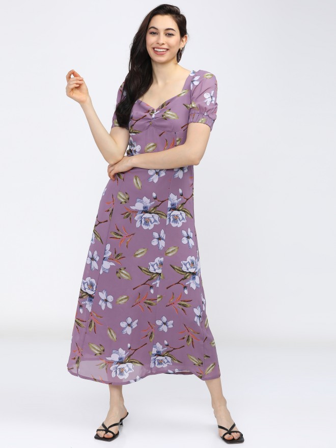 Buy Tokyo Talkies Purple Printed Flared A-Line Dress for Women Online ...