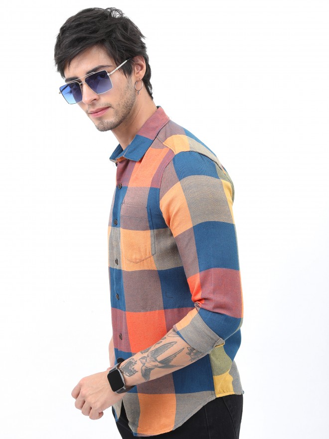 Buy Ketch Orange/Yellow Slim Fit Checked Casual Shirt for Men Online at ...