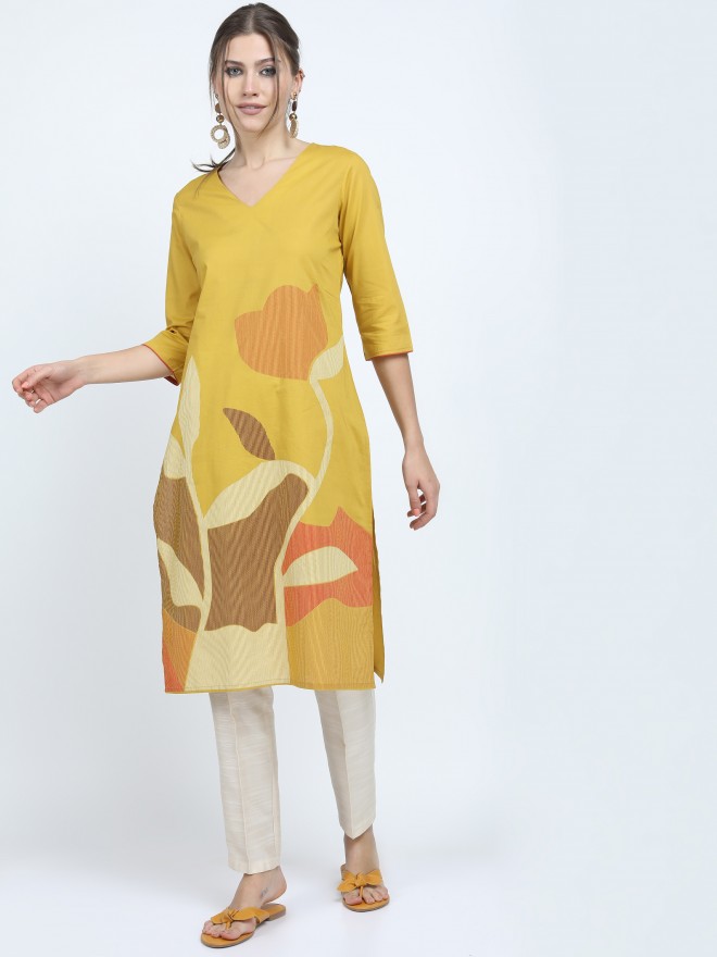 Vishudh Women Yellow Printed Straight Kurtas 