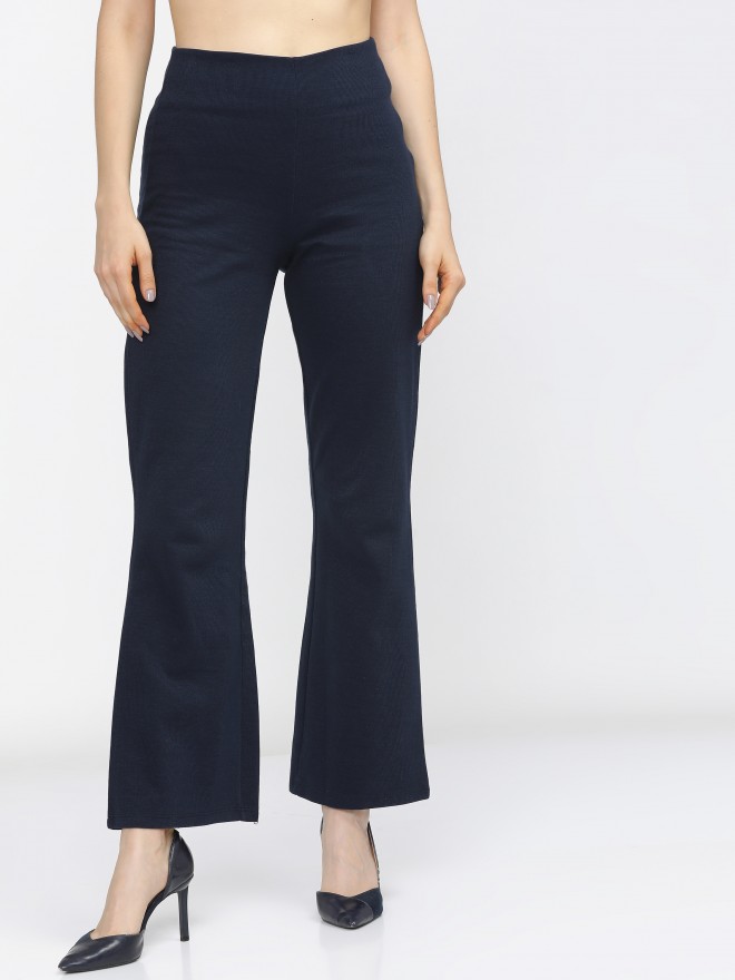 Buy Online Women Blue Solid Bootcut Trousers at best price  Plussin