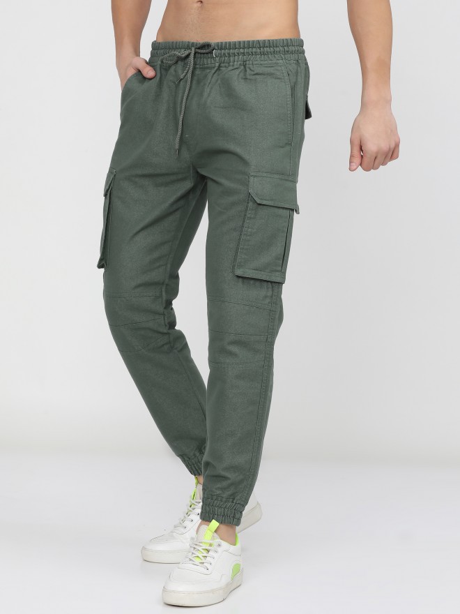 Ketch Men Olive Slim Fit Solid Casual Trousers Cargos 