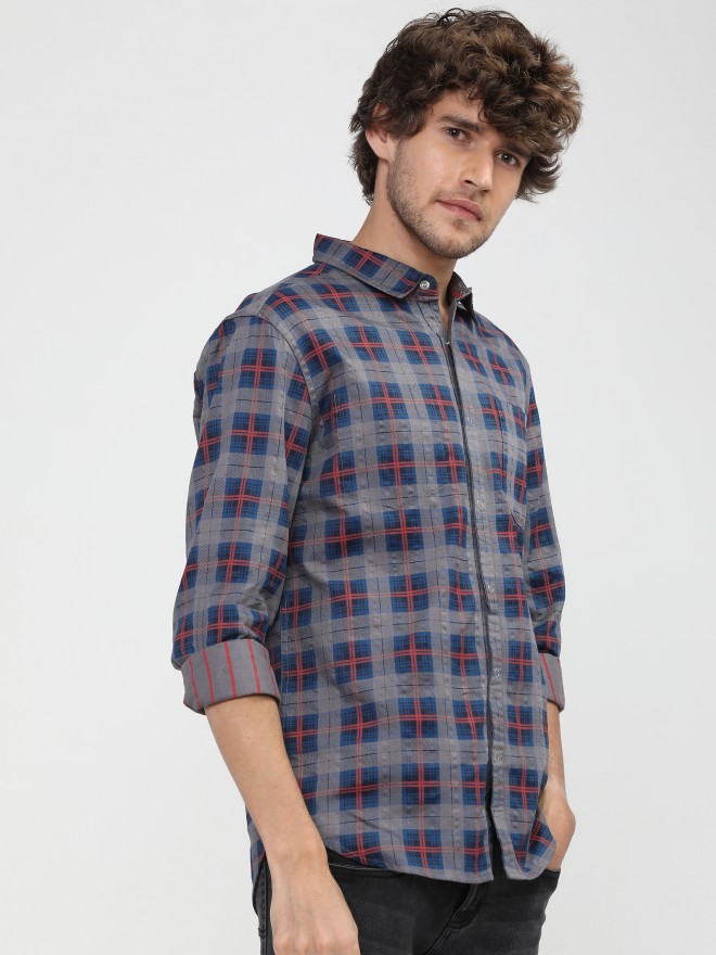 Locomotive Men Grey Checked Slim Fit Casual Shirts 