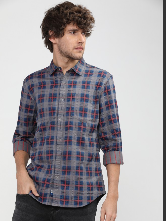 Locomotive Men Grey Checked Slim Fit Casual Shirts 