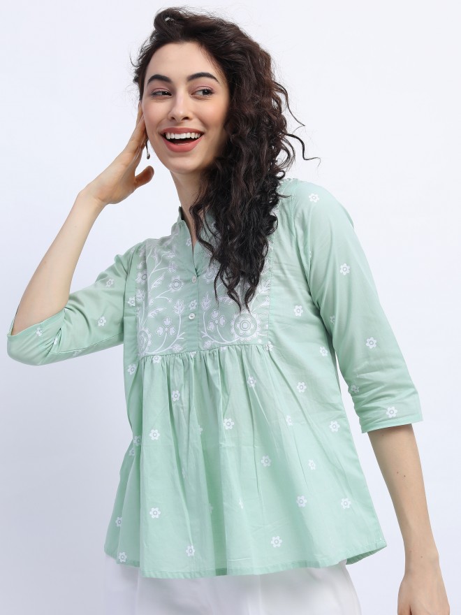 Vishudh Women Green Printed Regular Tops 