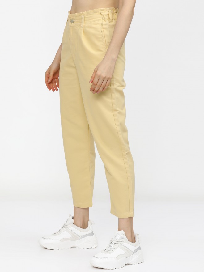 Light Yellow Cotton Straight Pants With Brasso Organza Border  TJORI