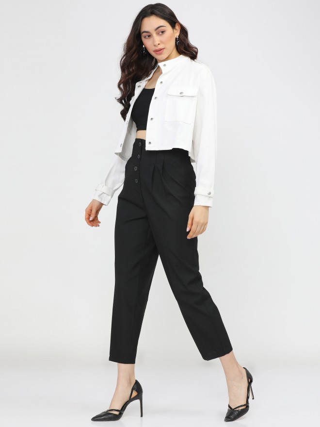 24Hour Fashion Women Solid Belted Regular Fit Black Trousers Pants