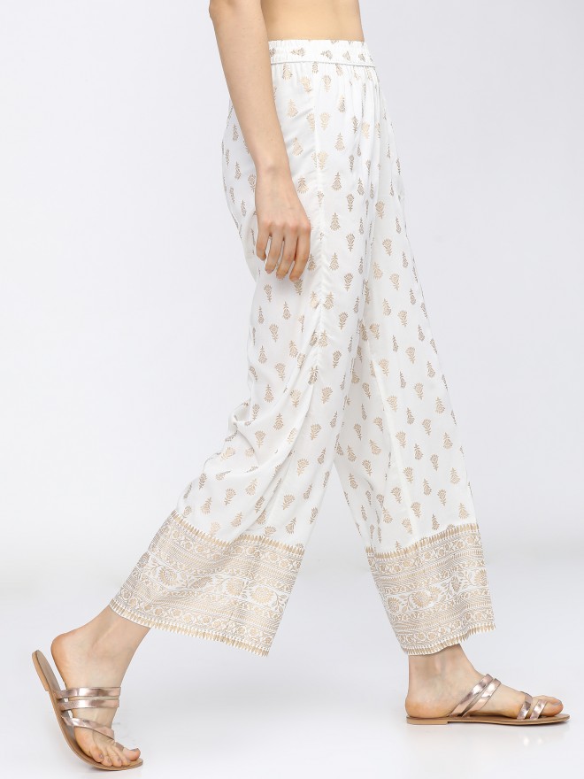 Buy Off White Embroidered Palazzo With Sequins And Light Blue Floral Motif  by ANANTAA at Ogaan Market Online Shopping Site