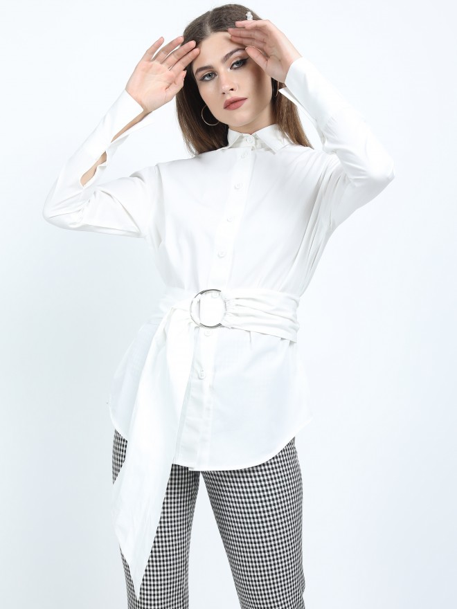 Buy Tokyo Talkies White Poplin Full Sleeve Shirt With Belt for Women ...