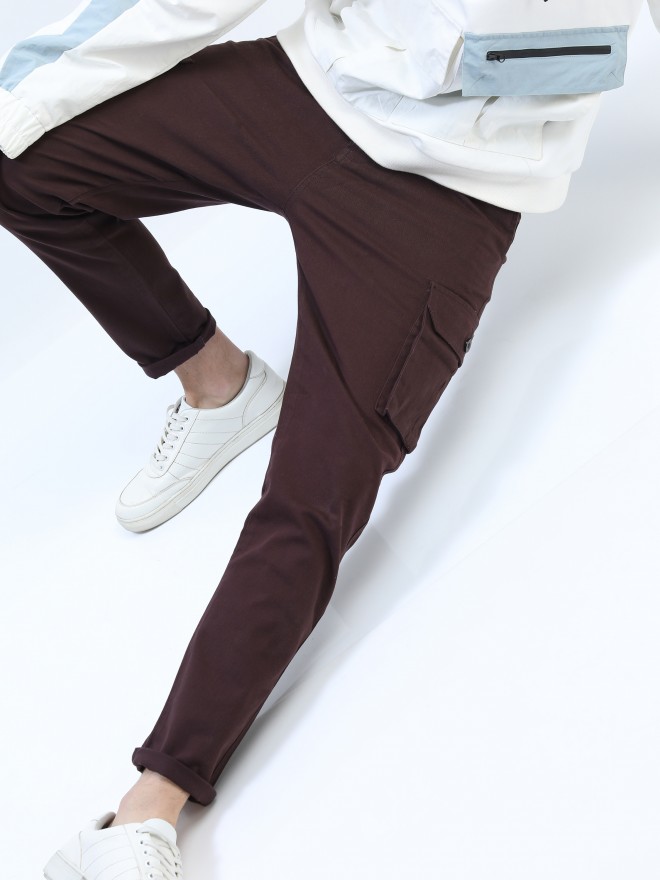 Highlander Men Brown Slim Fit Solid Casual Trousers Cargos 