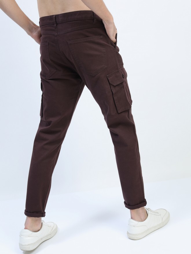 Highlander Men Brown Slim Fit Solid Casual Trousers Cargos 