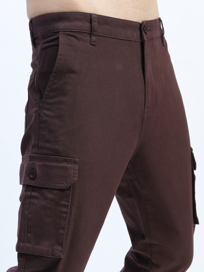 Highlander Men Brown Slim Fit Solid Casual Trousers Cargos 