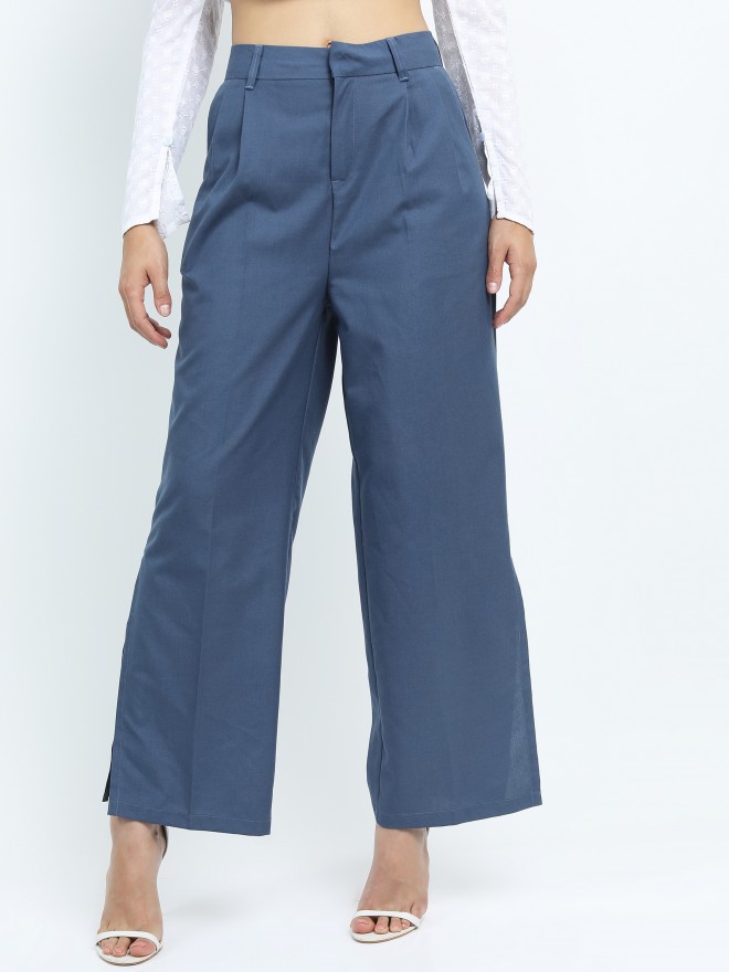 Buy Tokyo Talkies Blue Wide Leg Trouser With Slit for Women Online at ...