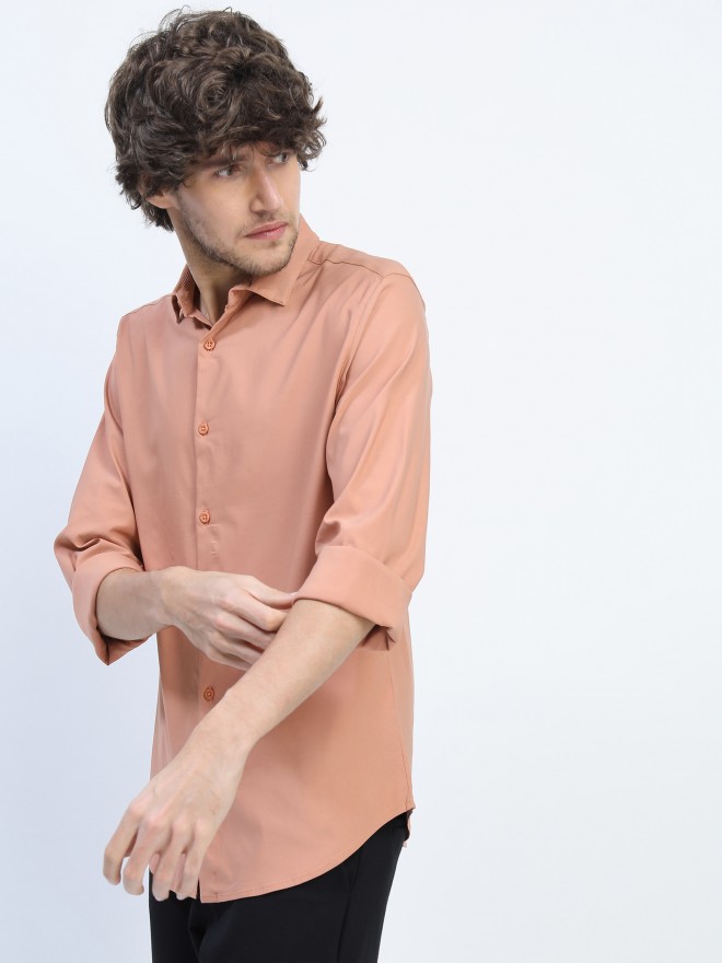 Buy Slim Fit Solid Collar Casual Shirt Peach and Navy Blue Combo
