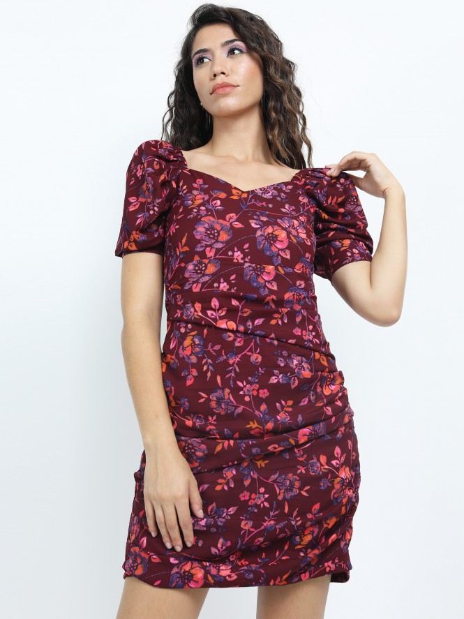 Tokyo Talkies Womens Maroon Printed Knee Length Dress