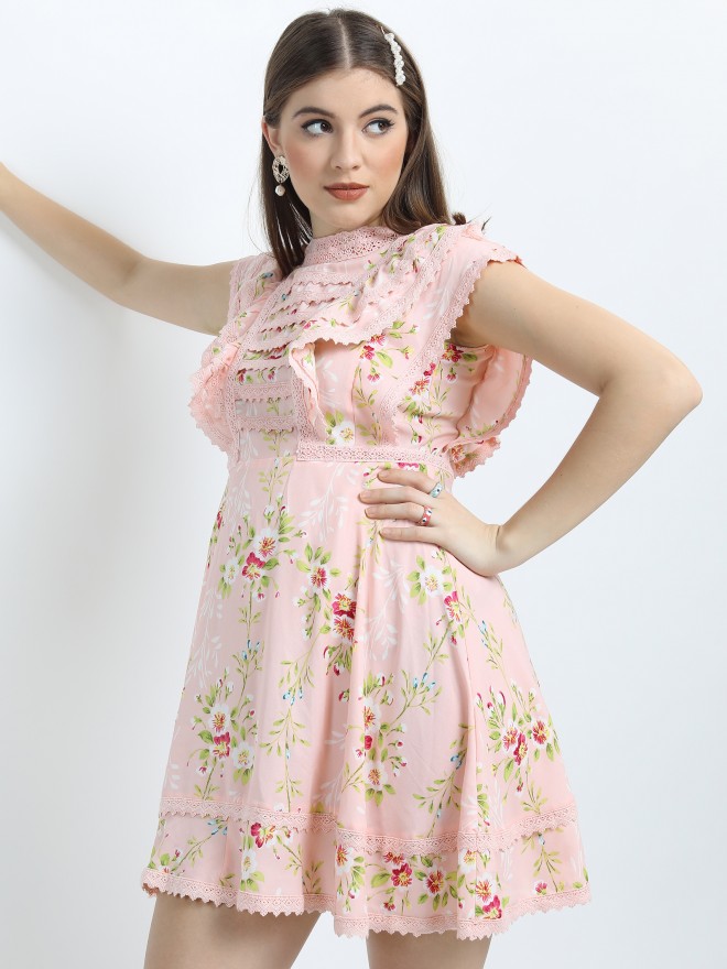 Buy Tokyo Talkies Light Pink Printed Flared A-Line Dress for Women ...