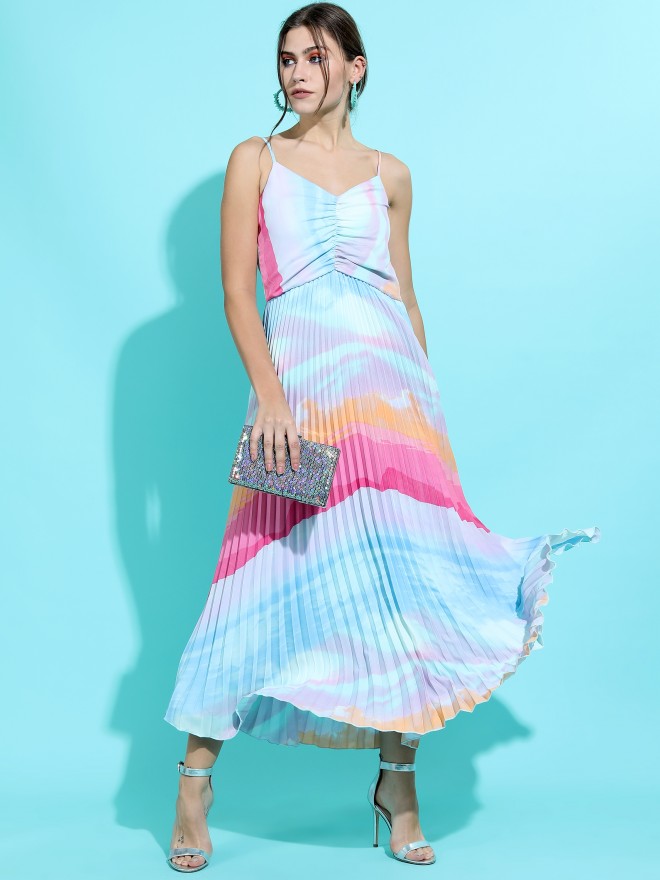 Cotton Green/Pink/blue Strapless Dress, Party Wear, Tie Dye at Rs