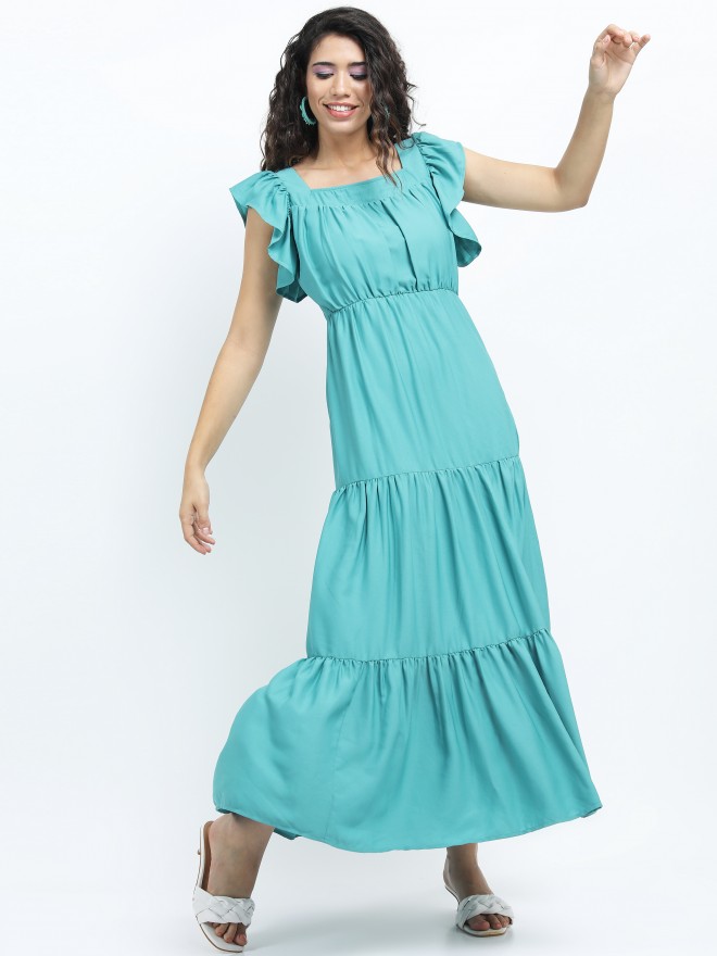 Tokyo Talkies Women Teal Solid Maxi Dresses 