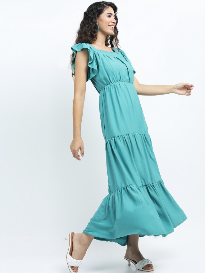 Tokyo Talkies Women Teal Solid Maxi Dresses 