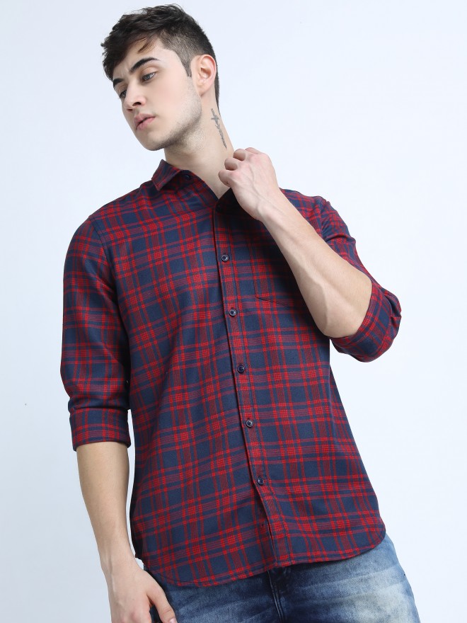 Buy Ketch Navy & Red Slim Fit Checked Casual Shirt for Men Online at Rs ...