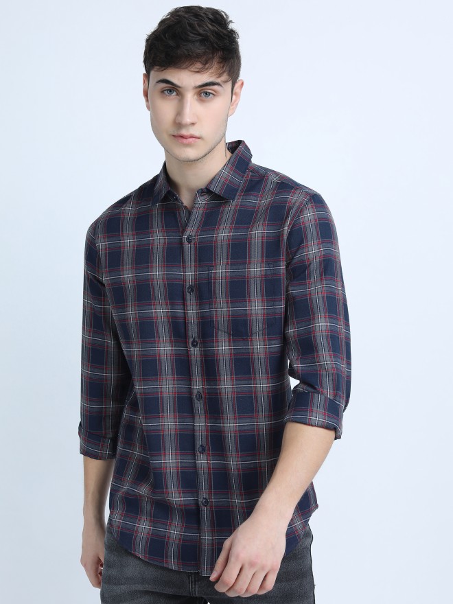 Buy Ketch Navy Blue & Grey Slim Fit Checked Casual Shirt for Men Online ...
