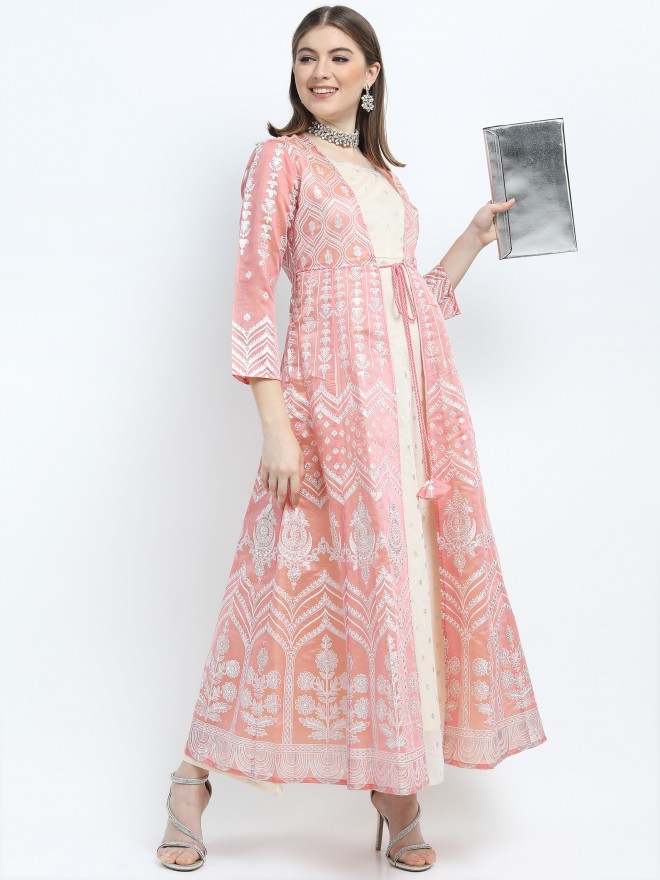 Pink & Red Plus Size Layered Maxi Ethnic Dress
