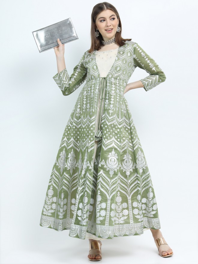 Multi Ethnic Motifs Printed A-Line Midi Dress with Printed and Sequined  Ethnic Jacket