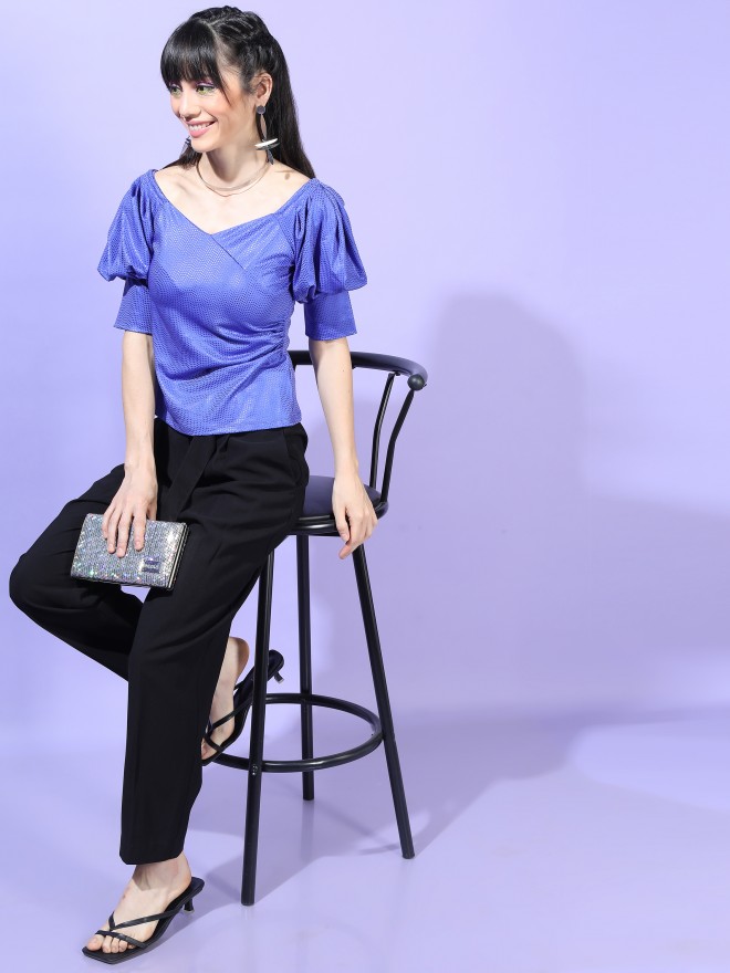 Tokyo Talkies Women Blue Self Design Fitted Tops 