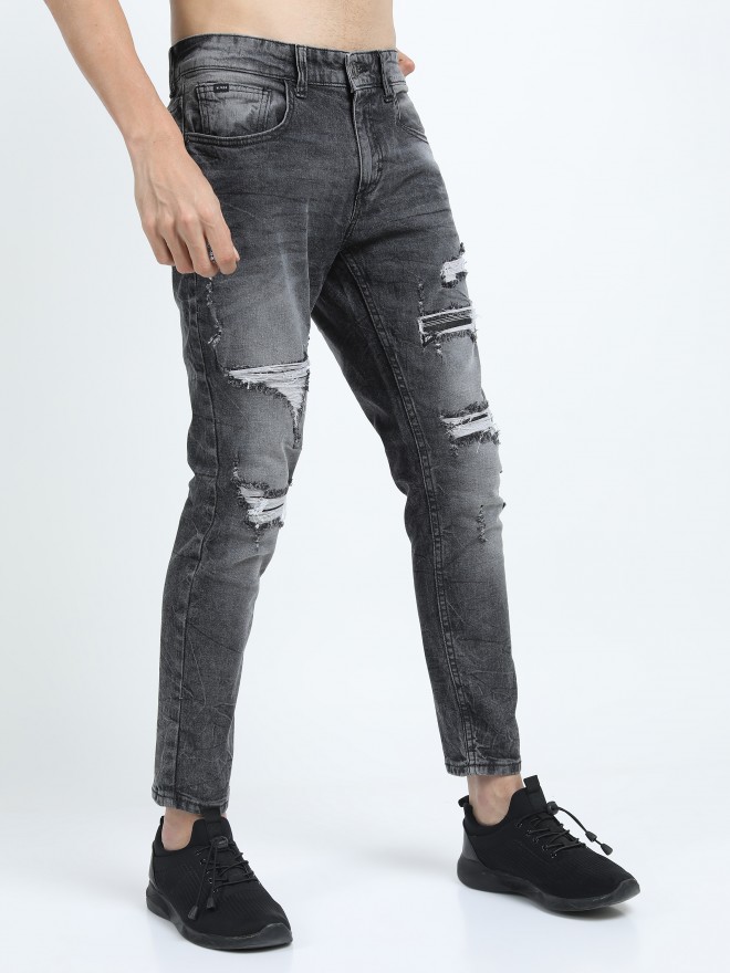 Jeans For Men Slim Fit Distressed Heavy Torn Denim Jeans Pant Stretchable,  Grey Colour, 28W Size