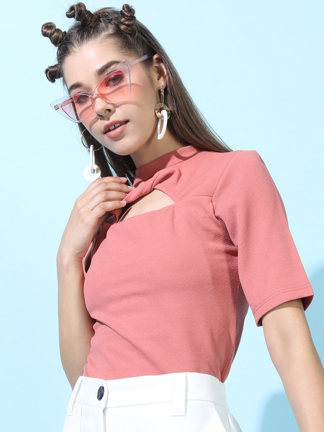 Tokyo Talkies Women Pink Solid Fitted Tops 