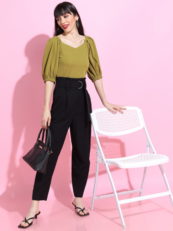 Tokyo Talkies Women Olive Solid Regular Tops 