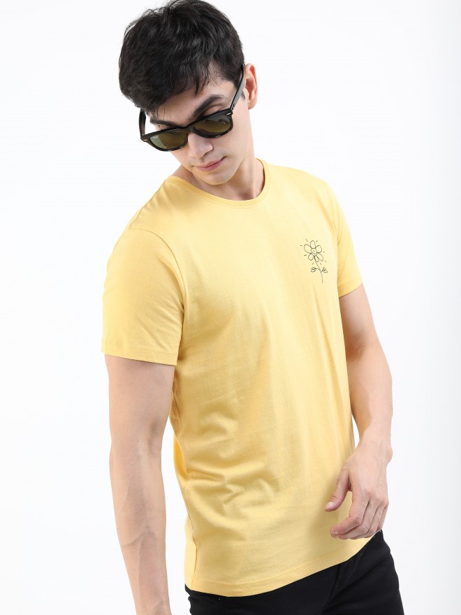 Highlander Men Yellow Printed Round Neck T-Shirts 