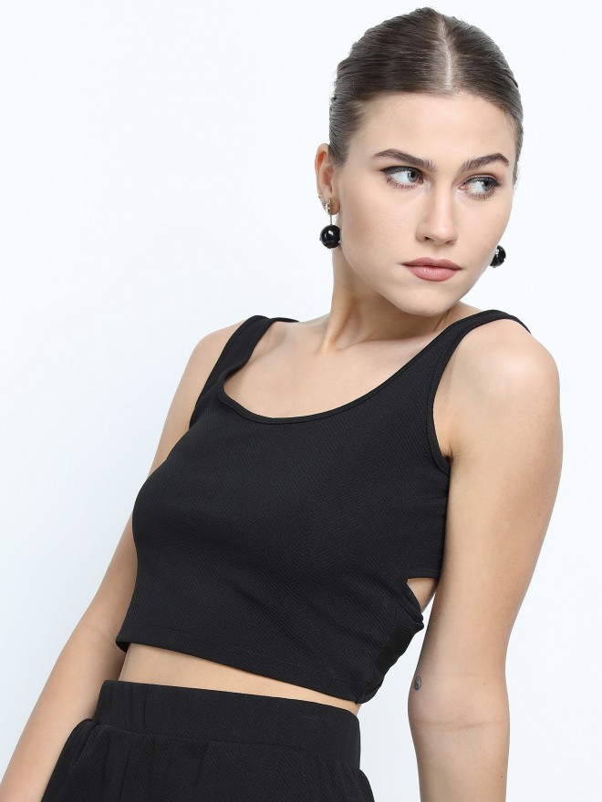 Buy Tokyo Talkies Black Twisted Back Crop Top With Straight Fit Flared ...