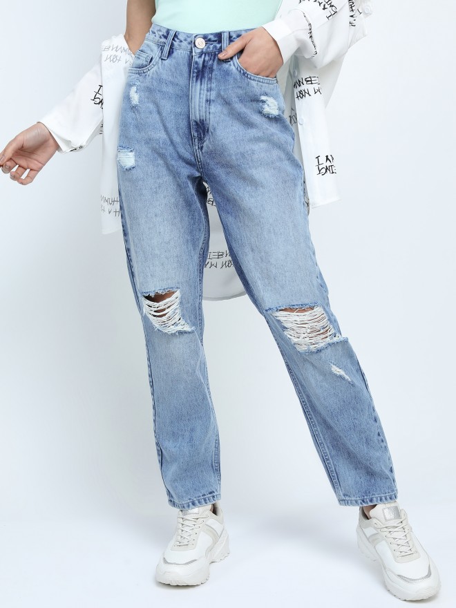 Buy Tokyo Talkies Blue Straight Fit Mildly Distressed Jeans for Women ...
