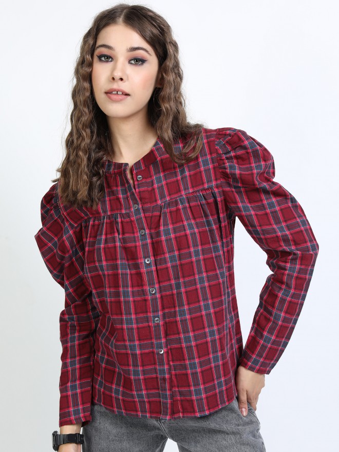 Tokyo Talkies Women Maroon Checked Shirt Style Tops 