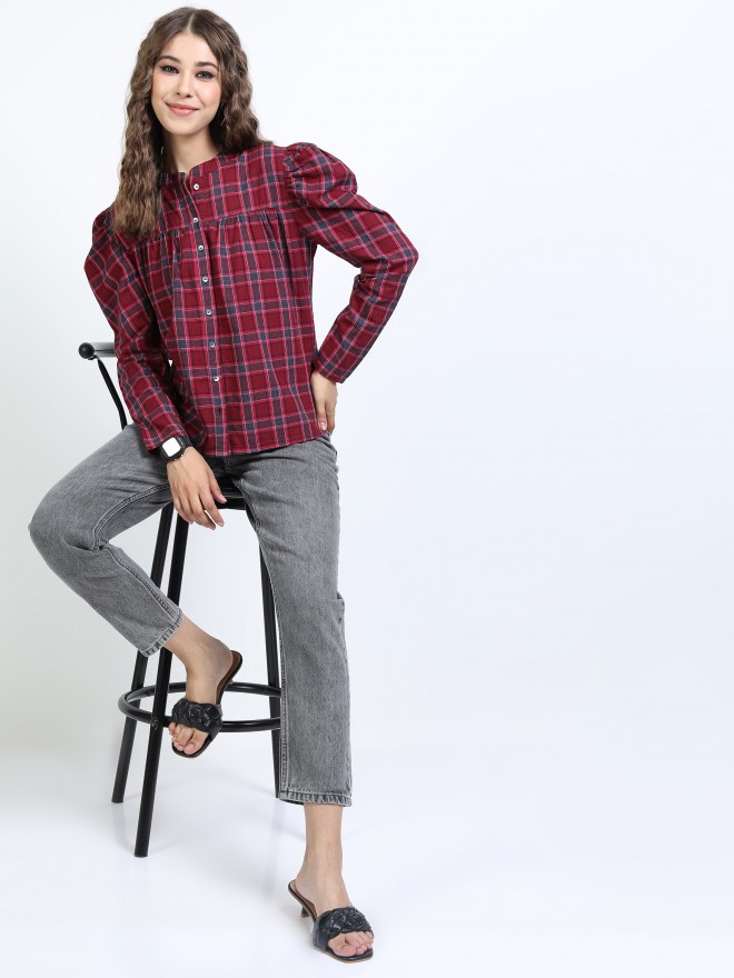 Tokyo Talkies Women Maroon Checked Shirt Style Tops 