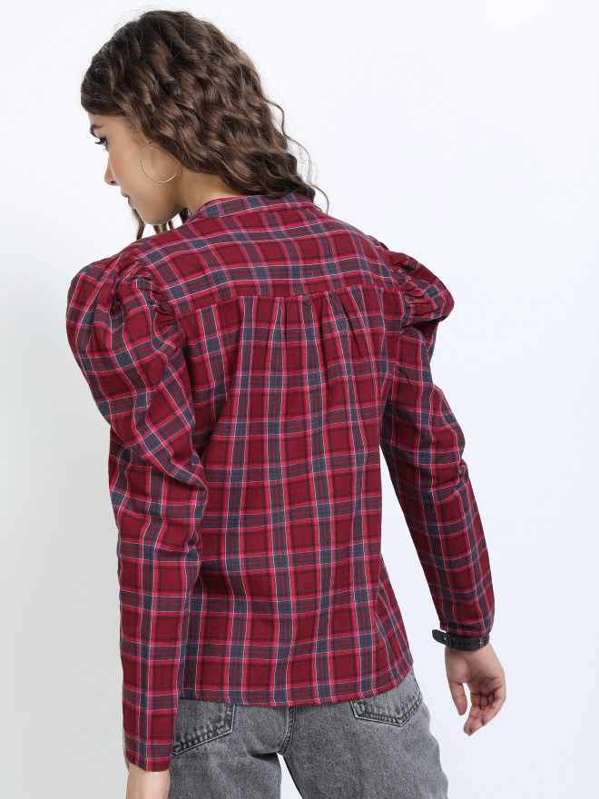 Tokyo Talkies Women Maroon Checked Shirt Style Tops 