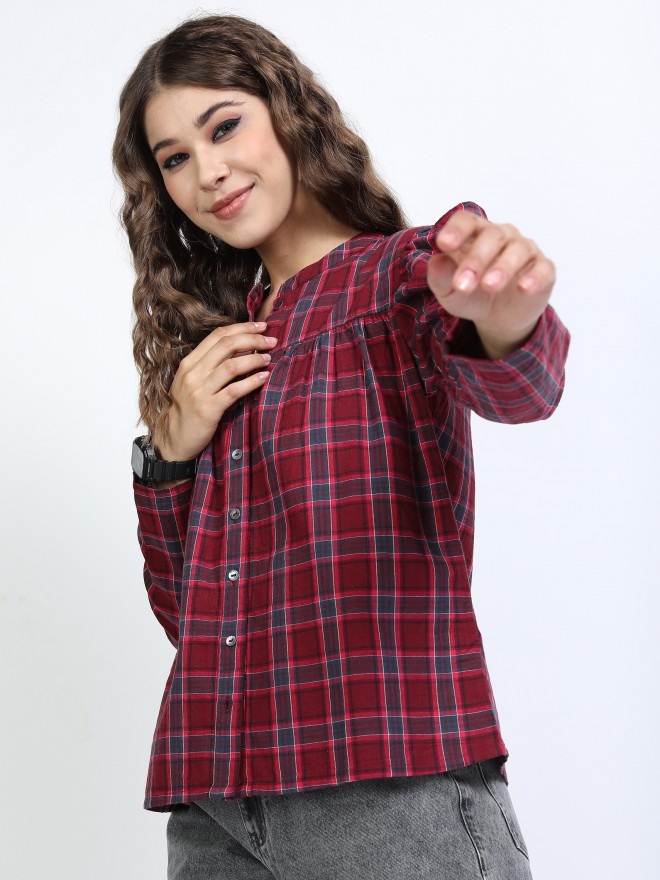 Tokyo Talkies Women Maroon Checked Shirt Style Tops 