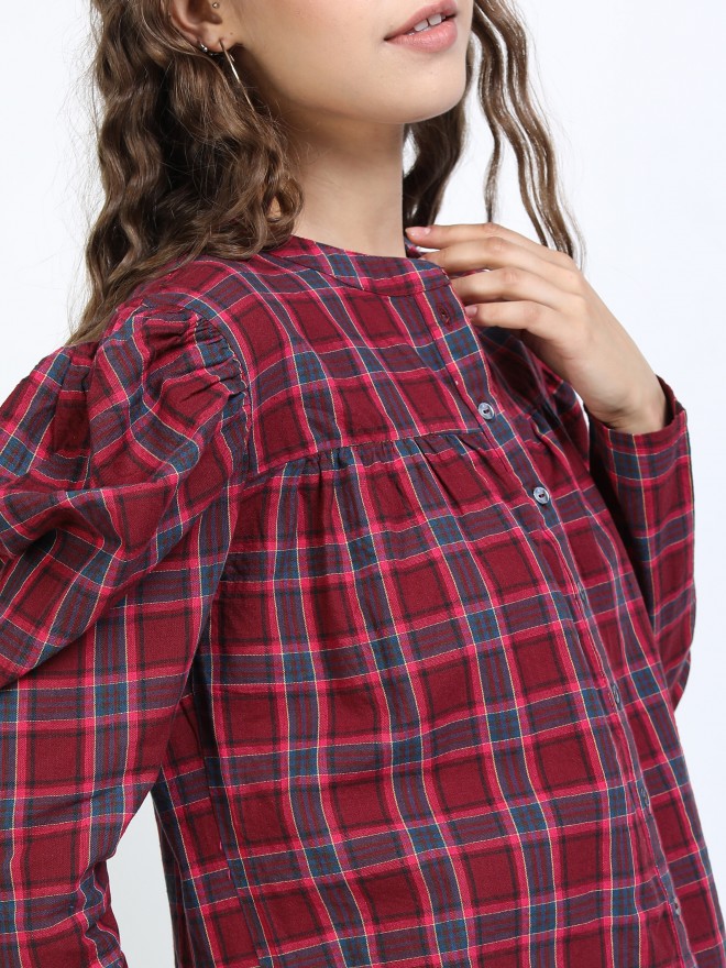 Tokyo Talkies Women Maroon Checked Shirt Style Tops 